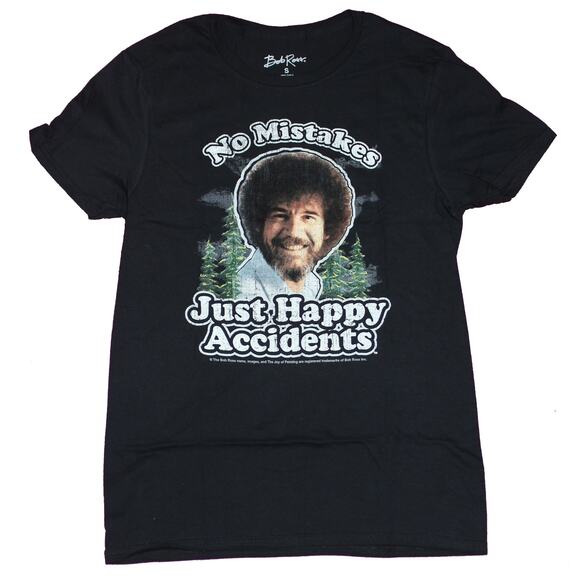 Bob Ross T-Shirt No Mistakes Just Happy Accidents 100% Cotton Crew Neck Black L - Picture 1 of 5